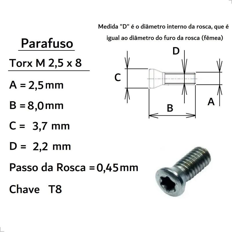 10x Parafuso Torx Fixa Inserto Pastilha M2,5 x 8 + M3,0 x 7 mm +